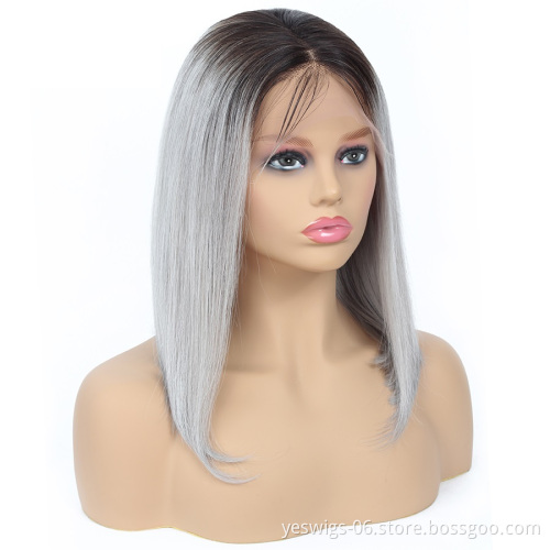 Brazilian Human Hair Short Bob Wigs 1b/gray Lace Front Wigs Ombre Hair for Women